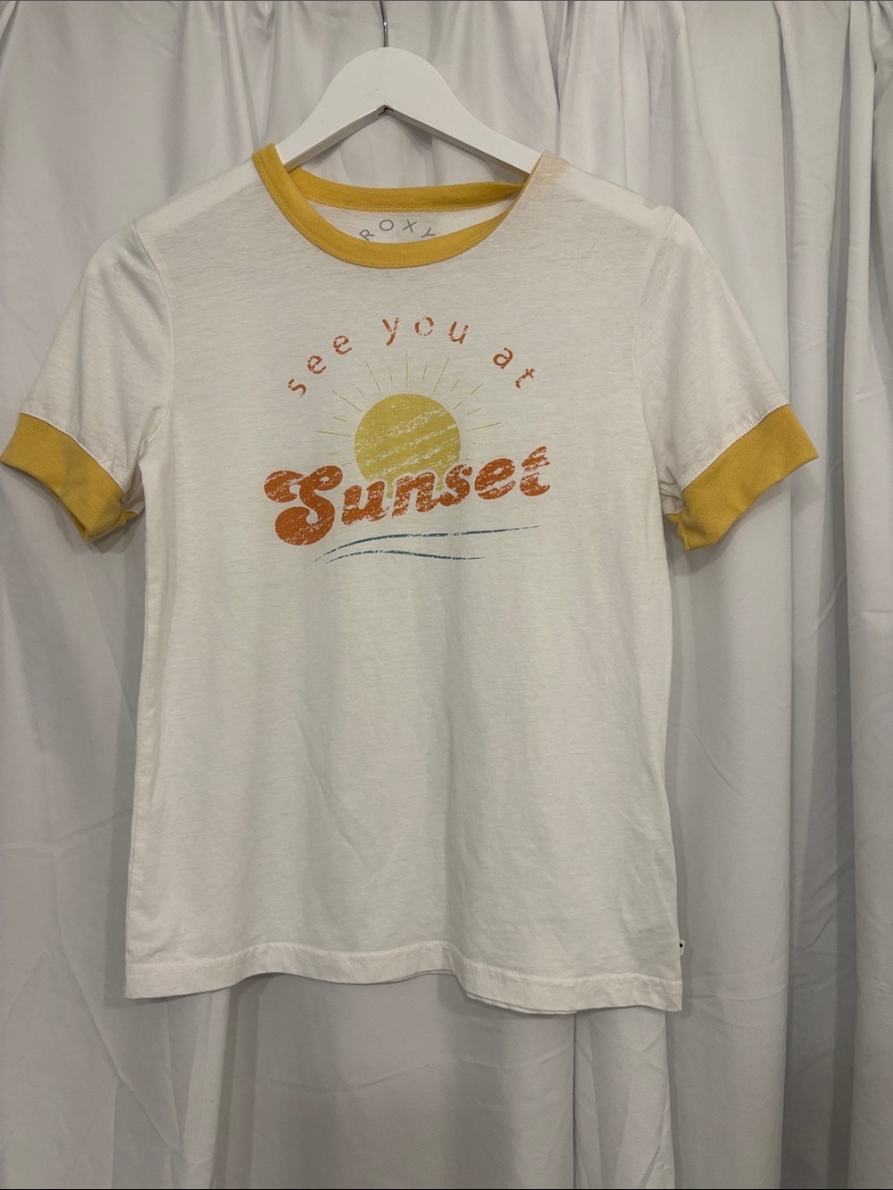 Roxy White Tee with Yellow Trim and Orange 'Sunset' Graphic